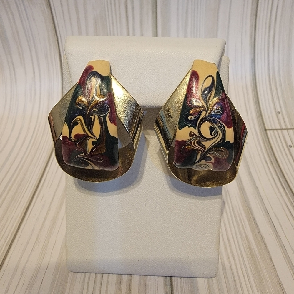 Vintage Abstract Marbled Enamel Gold Tone Sculptural Statement Pierced Earrings
